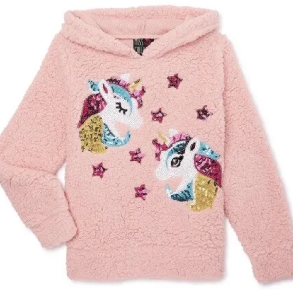 Miss Chievous Girls Sequin Pink Unicorn Sherpa Hoodie Top NEW Large (10-12)